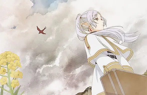 An animated scene: a white-haired elf watches clouds drift past, rapeseed flowers in the foreground.